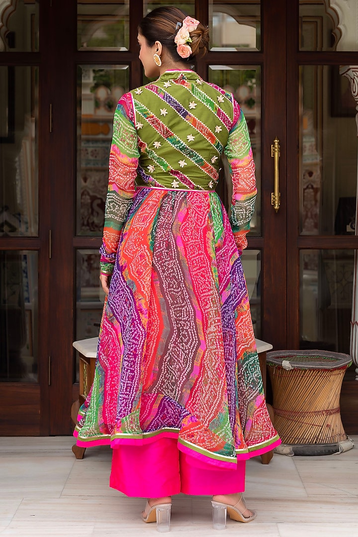 Multi-Colored Georgette Bandhej Jacket Anarkali Set by Pomcha Jaipur at Pernia's Pop Up Shop