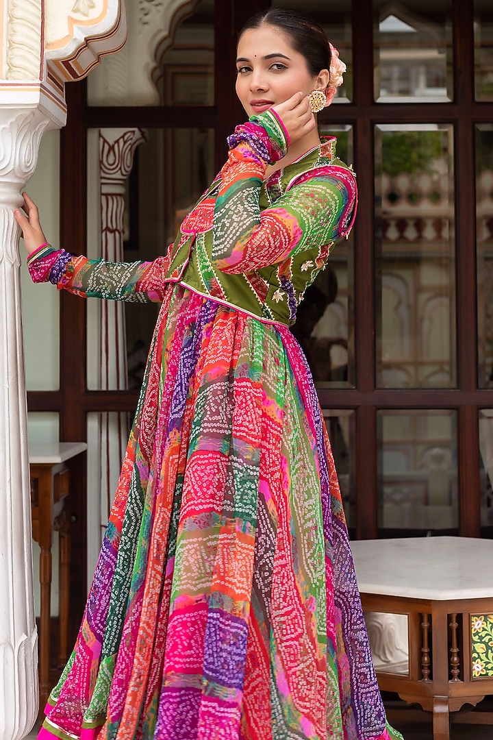 Multi-Colored Georgette Bandhej Jacket Anarkali Set by Pomcha Jaipur at Pernia's Pop Up Shop