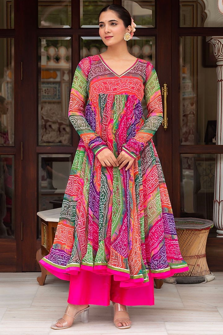 Multi-Colored Georgette Bandhej Jacket Anarkali Set by Pomcha Jaipur at Pernia's Pop Up Shop