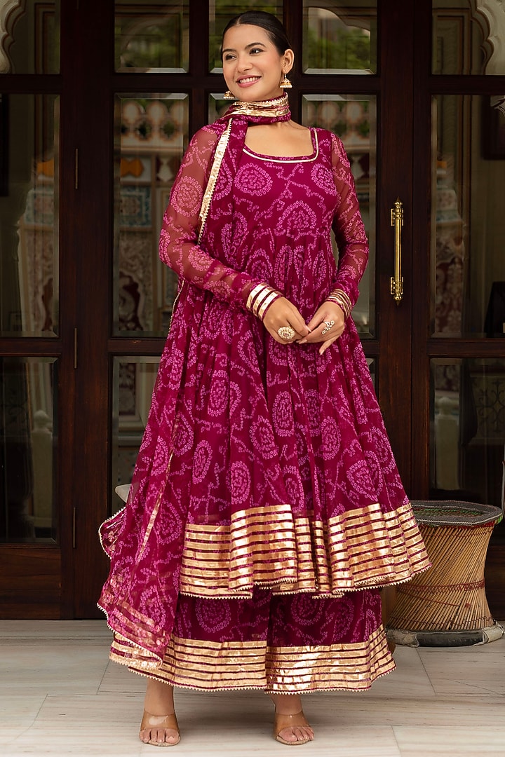 Plum Georgette Bandhej Party Wear Anarkali Set by Pomcha Jaipur at Pernia's Pop Up Shop