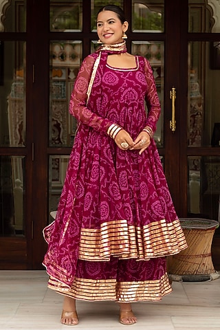 Plum Georgette Bandhej Anarkali Set by Pomcha Jaipur