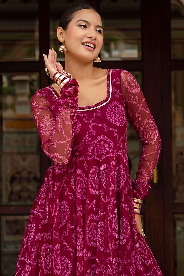 Plum Georgette Bandhej Party Wear Anarkali Set by Pomcha Jaipur at Pernia's Pop Up Shop