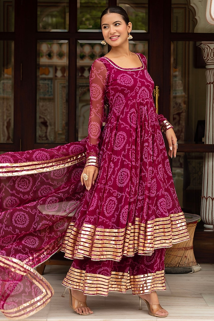 Plum Georgette Bandhej Party Wear Anarkali Set by Pomcha Jaipur at Pernia's Pop Up Shop