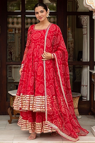 Red Georgette Bandhej Anarkali Set by Pomcha Jaipur
