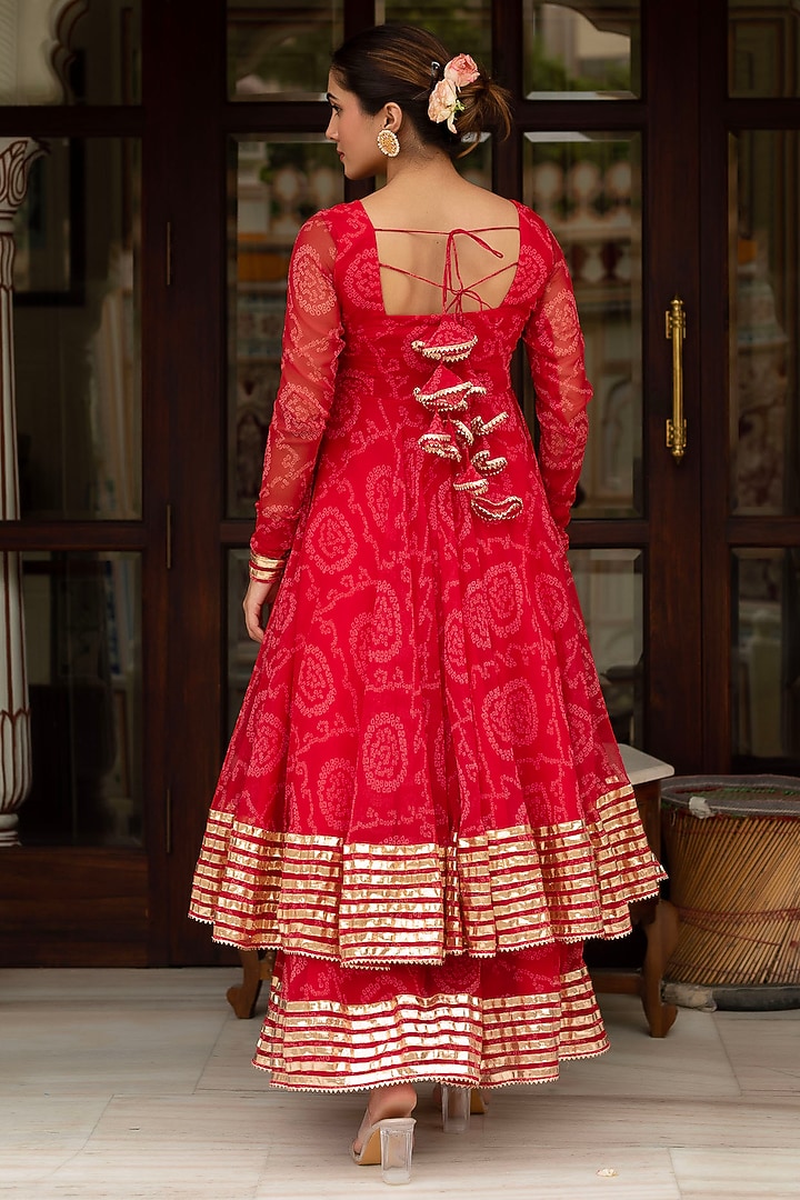 Red Georgette Bandhej Party Wear Anarkali Set by Pomcha Jaipur at Pernia's Pop Up Shop