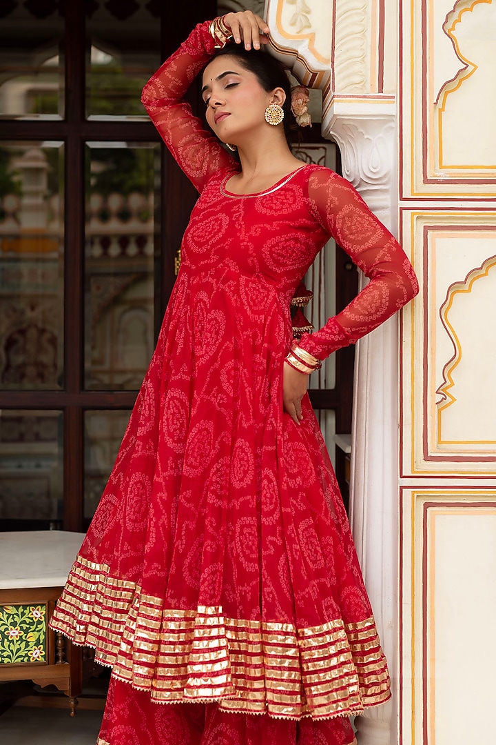 Red Georgette Bandhej Party Wear Anarkali Set by Pomcha Jaipur at Pernia's Pop Up Shop
