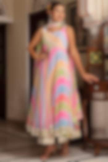 Multi-Colored Georgette Leheriya Anarkali Set by Pomcha Jaipur at Pernia's Pop Up Shop