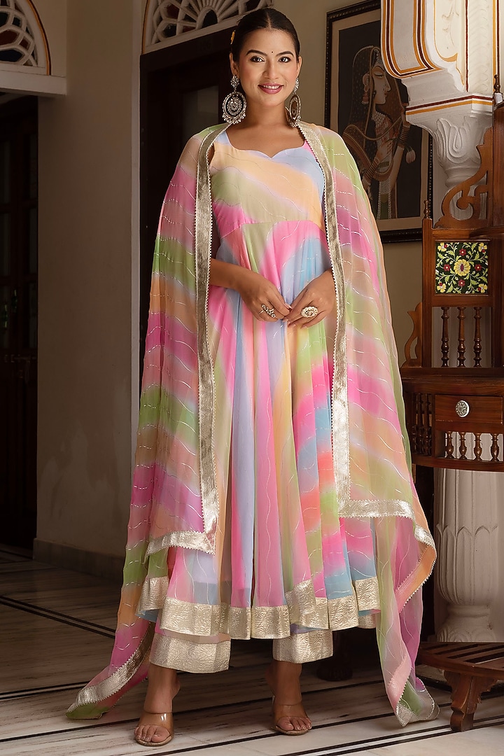 Multi-Colored Georgette Leheriya Anarkali Set by Pomcha Jaipur at Pernia's Pop Up Shop