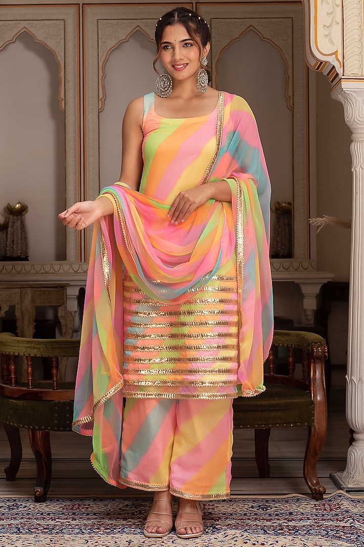 Multi-Colored Georgette Leheriya Kurta Set by Pomcha Jaipur at Pernia's Pop Up Shop
