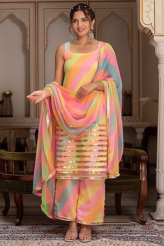 Multi-Colored Georgette Leheriya Kurta Set by Pomcha Jaipur