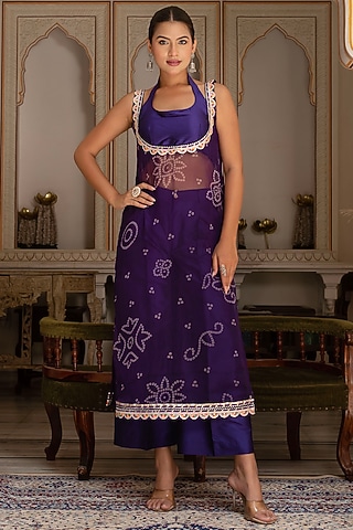 Purple Georgette Bandhej Kurta Set by Pomcha Jaipur