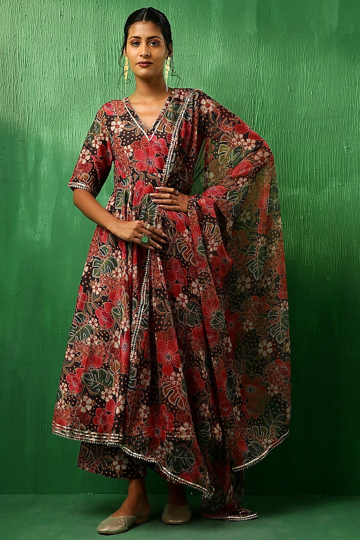 Black Muslin Tropical Printed Anarkali Set by Pomcha Jaipur