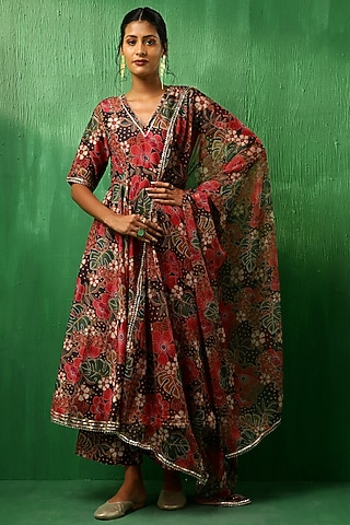 Black Muslin Tropical Printed Anarkali Set by Pomcha Jaipur