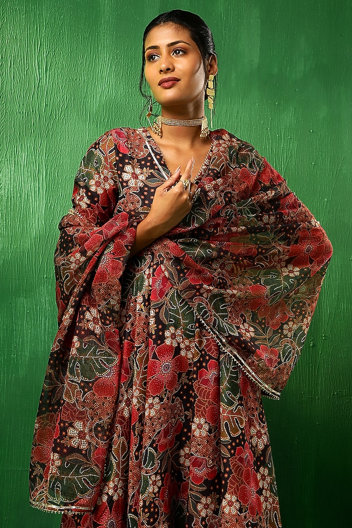 Black Muslin Tropical Printed Anarkali Set by Pomcha Jaipur at Pernia's Pop Up Shop