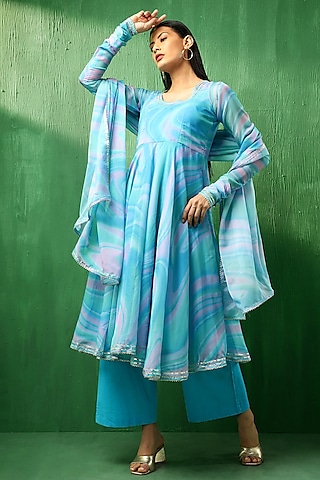 Blue Organza Marble Printed Anarkali Set by Pomcha Jaipur
