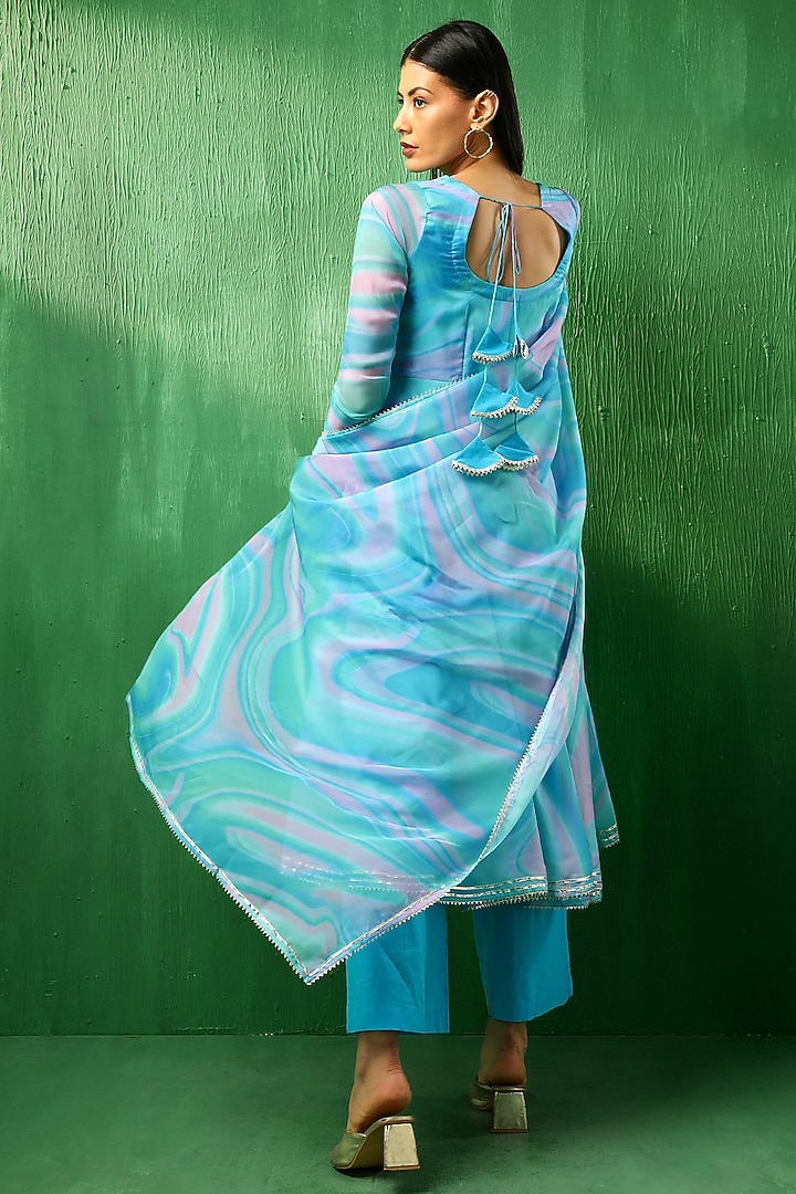 Blue Organza Marble Printed Anarkali Set by Pomcha Jaipur at Pernia's Pop Up Shop