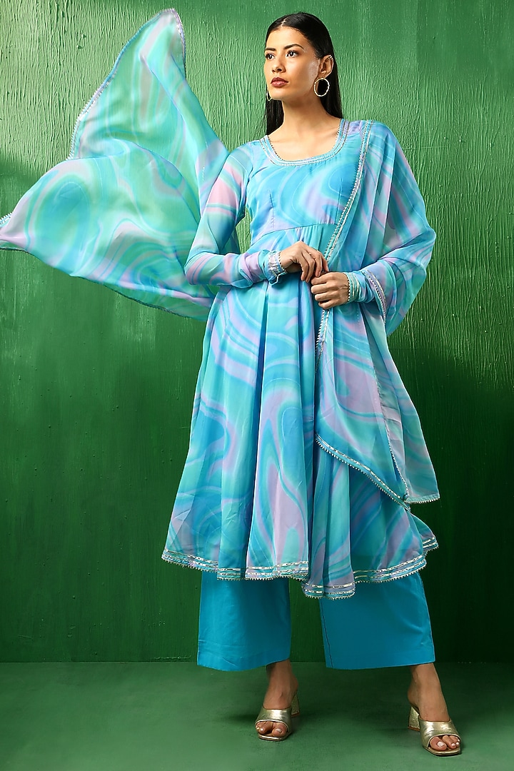 Blue Organza Marble Printed Anarkali Set by Pomcha Jaipur at Pernia's Pop Up Shop