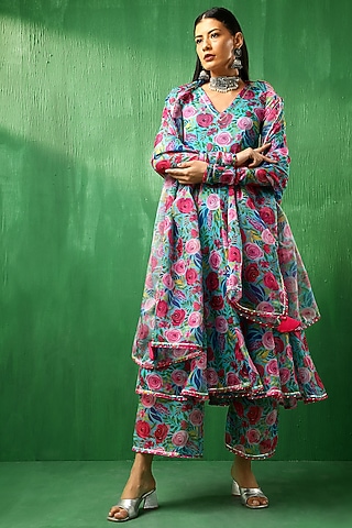 Blue Organza Floral Printed Anarkali Set by Pomcha Jaipur