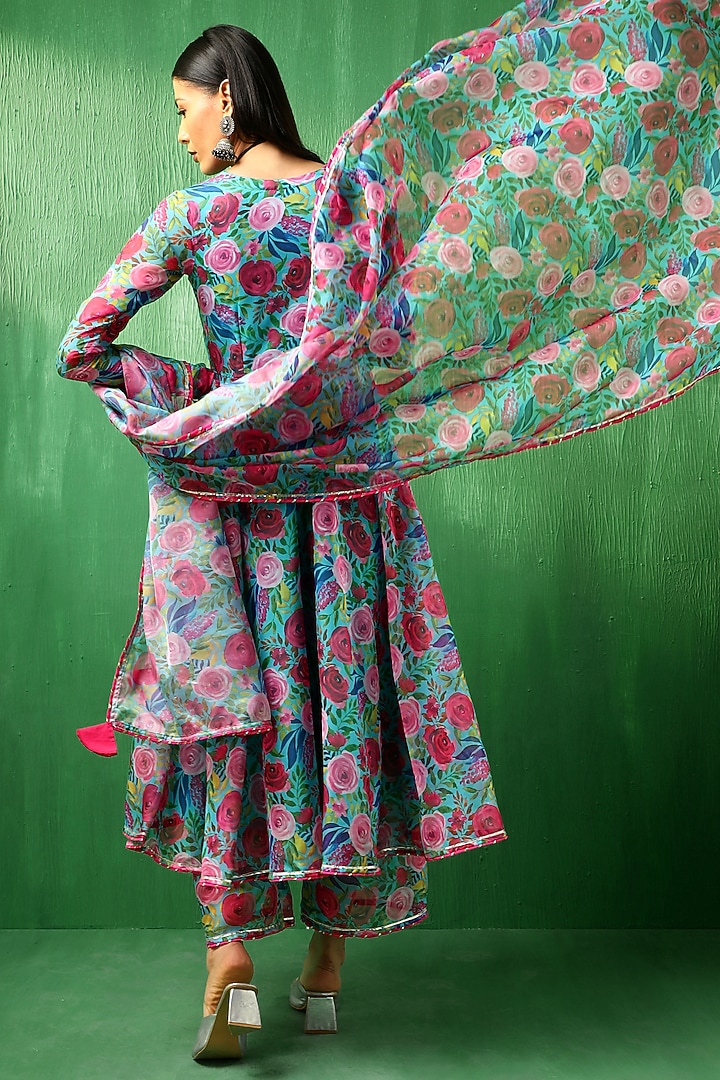 Blue Organza Floral Printed Anarkali Set by Pomcha Jaipur at Pernia's Pop Up Shop