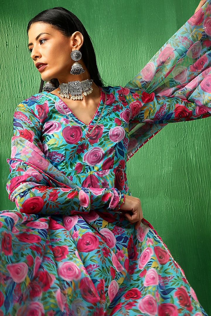 Blue Organza Floral Printed Anarkali Set by Pomcha Jaipur at Pernia's Pop Up Shop
