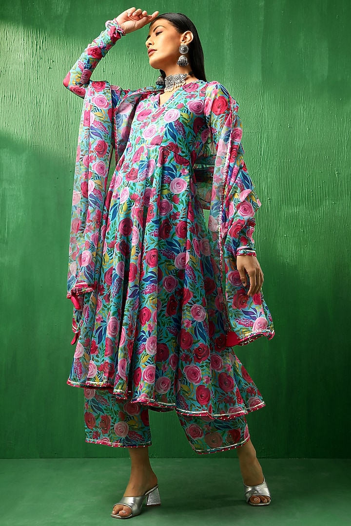 Blue Organza Floral Printed Anarkali Set by Pomcha Jaipur at Pernia's Pop Up Shop