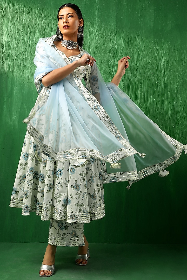 White & Blue Cotton Rose Printed Anarkali Set by Pomcha Jaipur