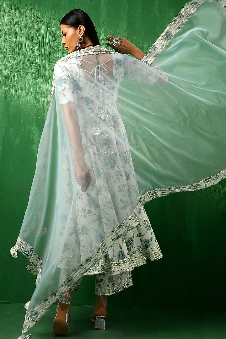 White & Blue Cotton Rose Printed Anarkali Set by Pomcha Jaipur at ...