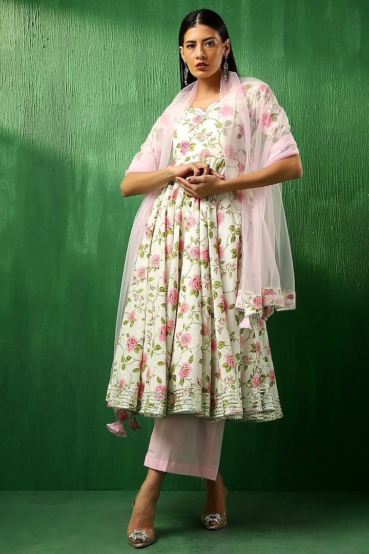 White & Pink Cotton Rose Printed Anarkali Set by Pomcha Jaipur