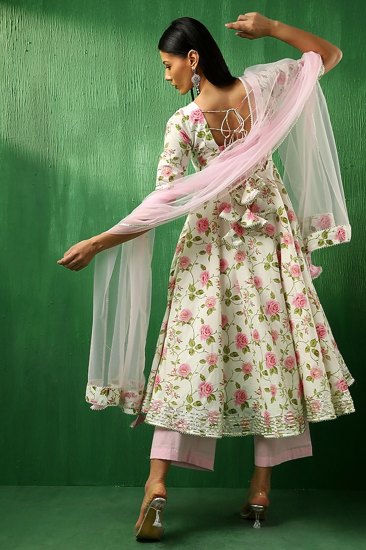 White & Pink Cotton Rose Printed Anarkali Set by Pomcha Jaipur at Pernia's Pop Up Shop