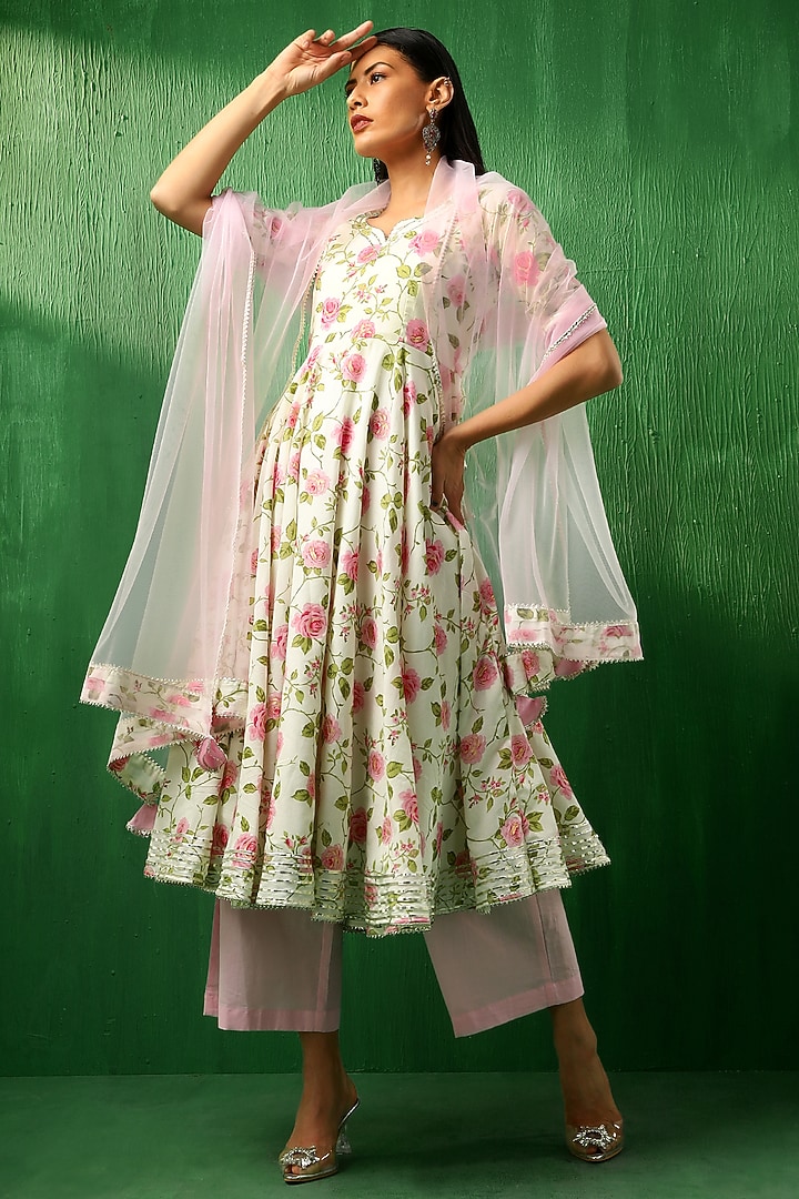 White & Pink Cotton Rose Printed Anarkali Set by Pomcha Jaipur at Pernia's Pop Up Shop
