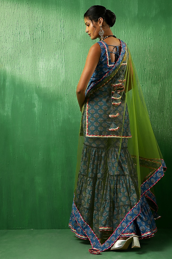 Blue Cotton Lotus Printed Sharara Set by Pomcha Jaipur at Pernia's Pop Up Shop