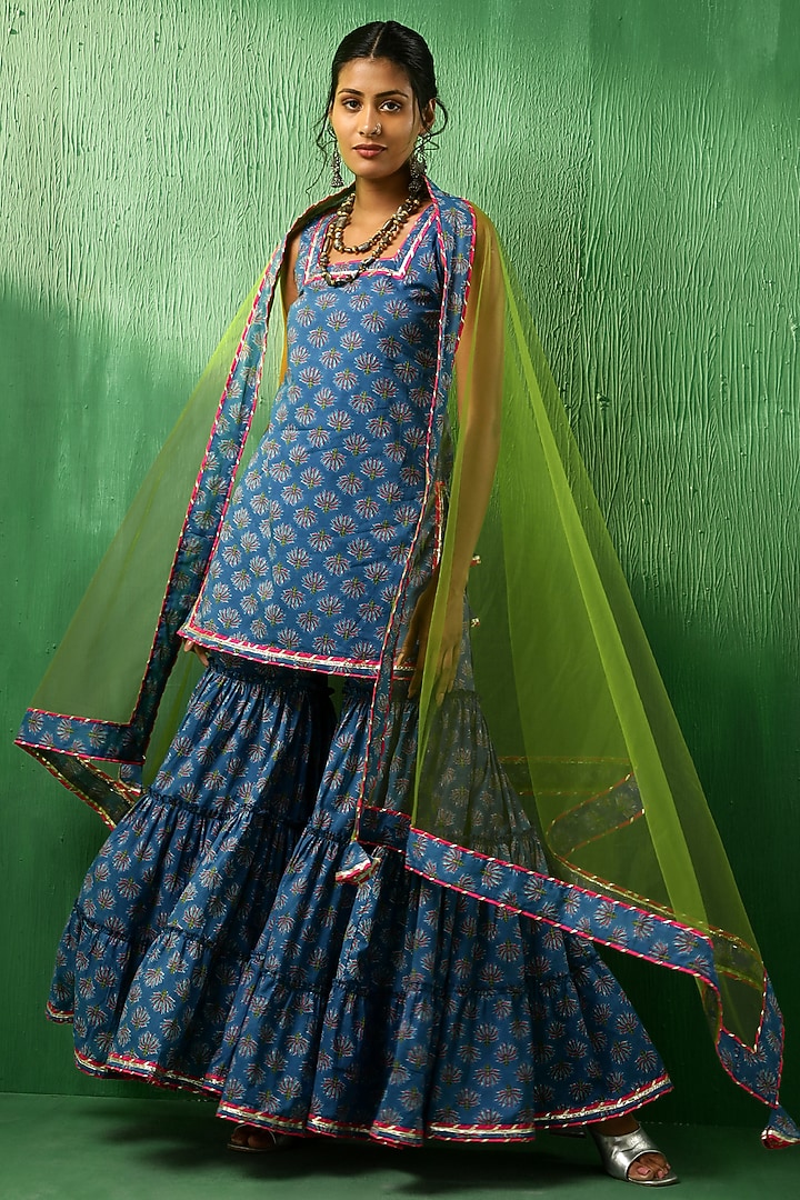 Blue Cotton Lotus Printed Sharara Set by Pomcha Jaipur at Pernia's Pop Up Shop