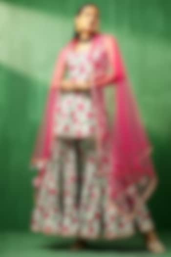 White & Pink Cotton Sharara Set by Pomcha Jaipur
