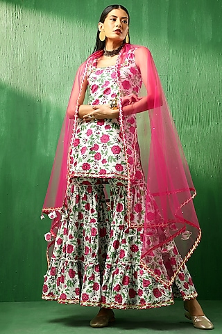 White & Pink Cotton Sharara Set by Pomcha Jaipur