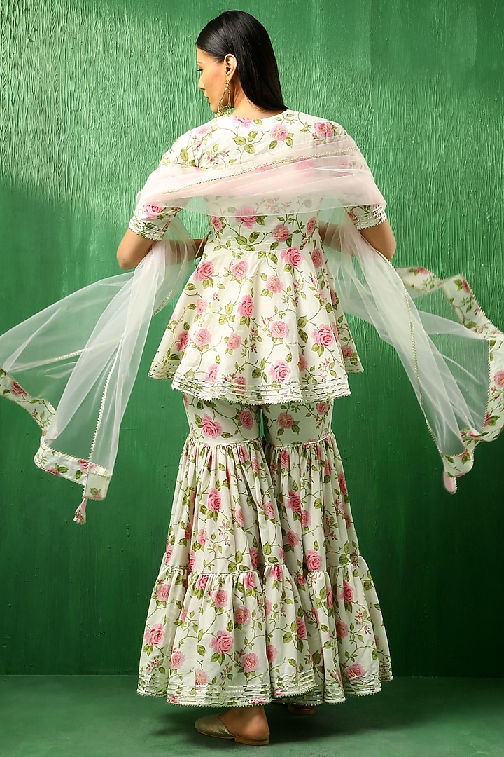 White & Pink Cotton Rose Printed Sharara Set by Pomcha Jaipur at Pernia's Pop Up Shop