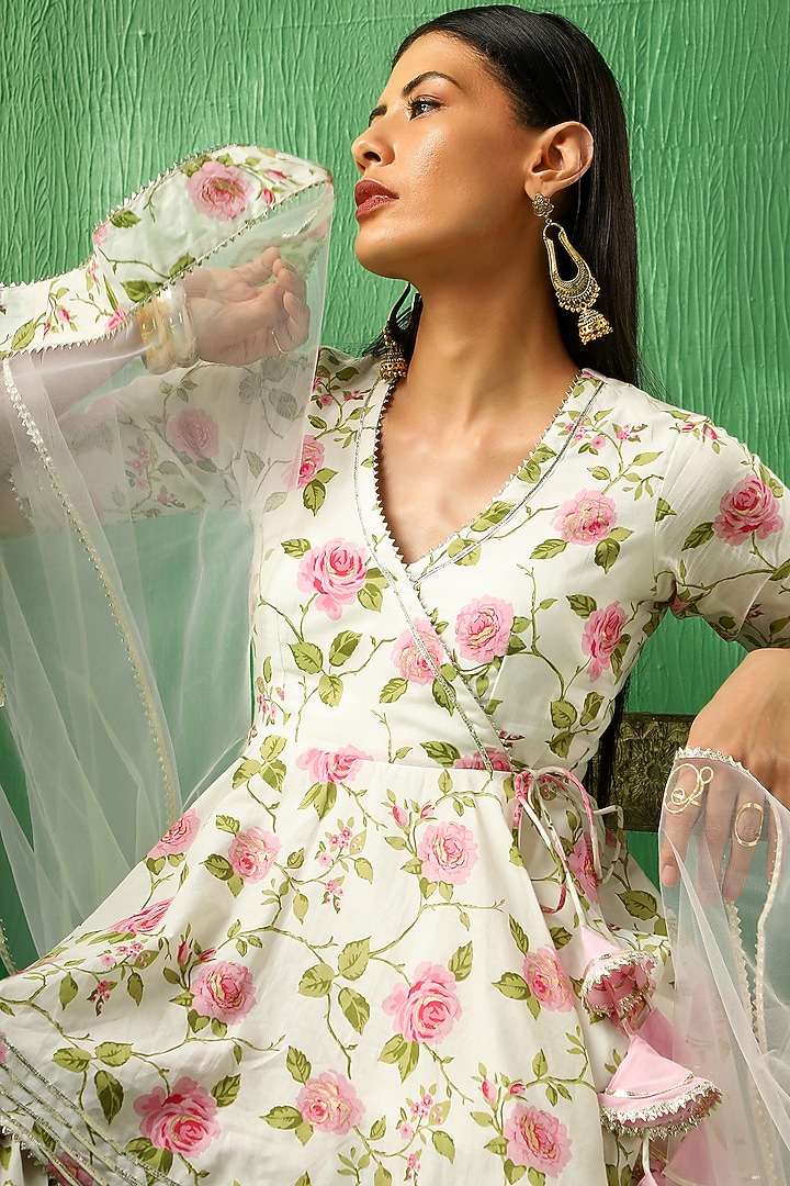 White & Pink Cotton Rose Printed Sharara Set by Pomcha Jaipur at Pernia's Pop Up Shop