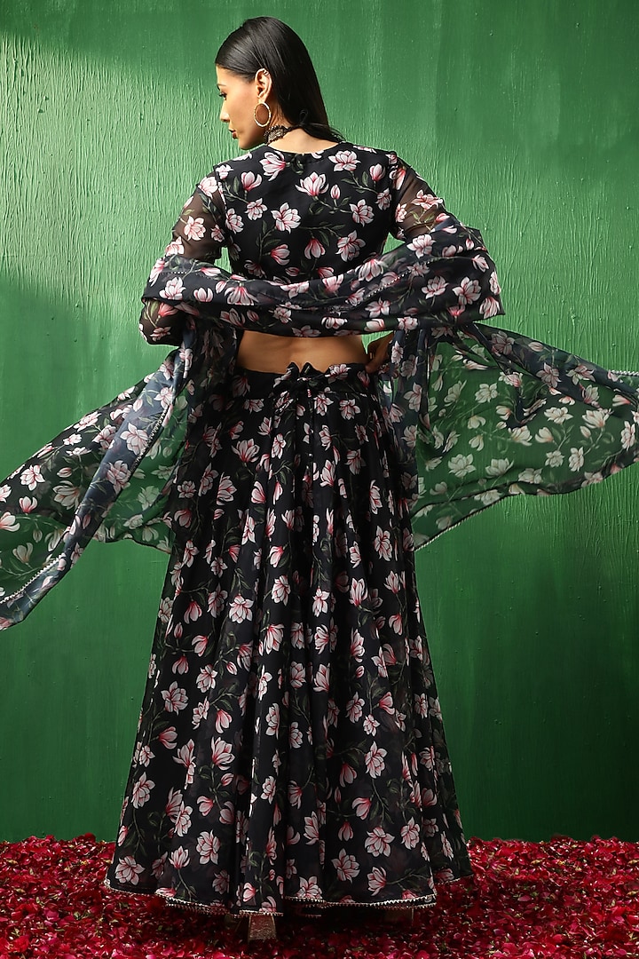 Black Organza Lotus Printed Lehenga Set by Pomcha Jaipur at Pernia's Pop Up Shop