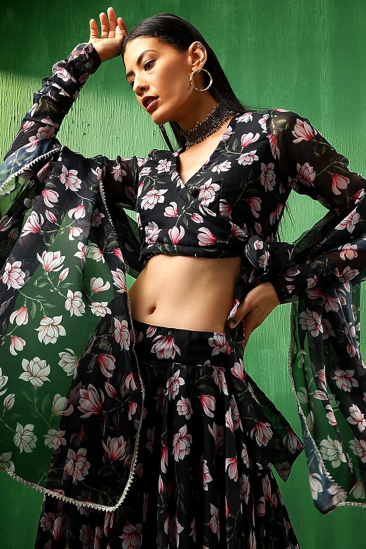 Black Organza Lotus Printed Lehenga Set by Pomcha Jaipur at Pernia's Pop Up Shop