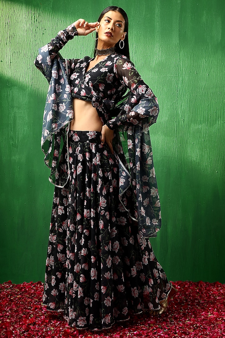Black Organza Lotus Printed Lehenga Set by Pomcha Jaipur at Pernia's Pop Up Shop