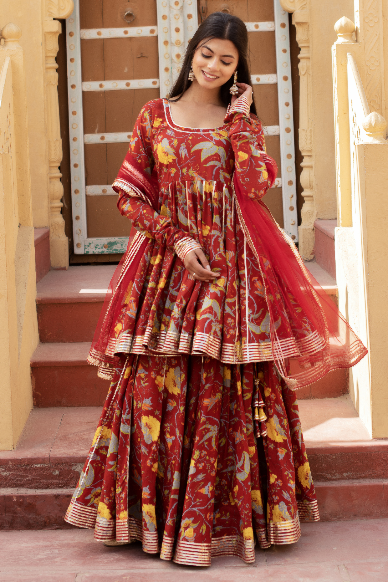 Red Cotton Hand Block Printed Party Wear Anarkali Set by Pomcha Jaipur at Pernia's Pop Up Shop