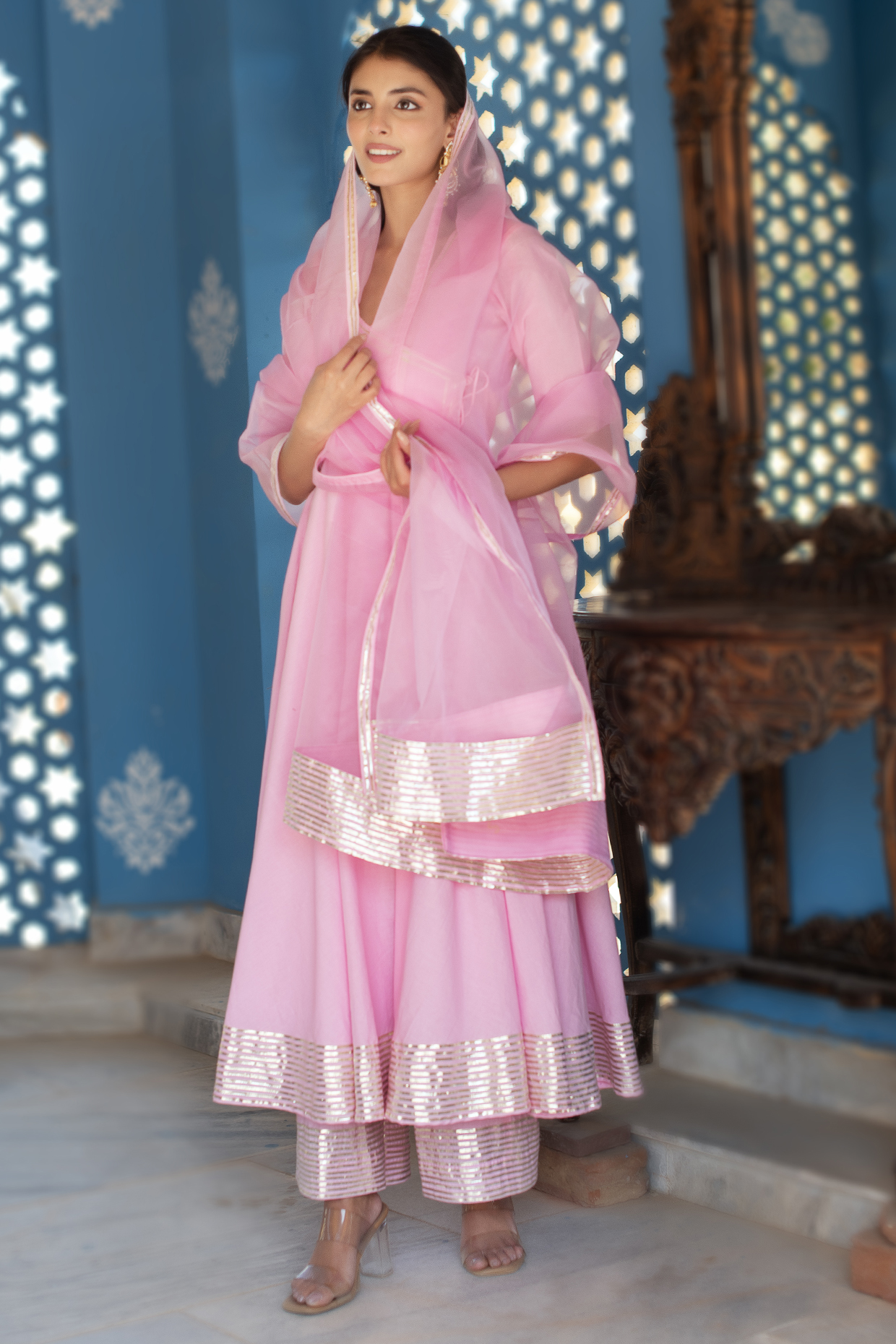 Pink Cotton Gota Patti Work Anarkali Set by Pomcha Jaipur at Pernia's Pop Up Shop