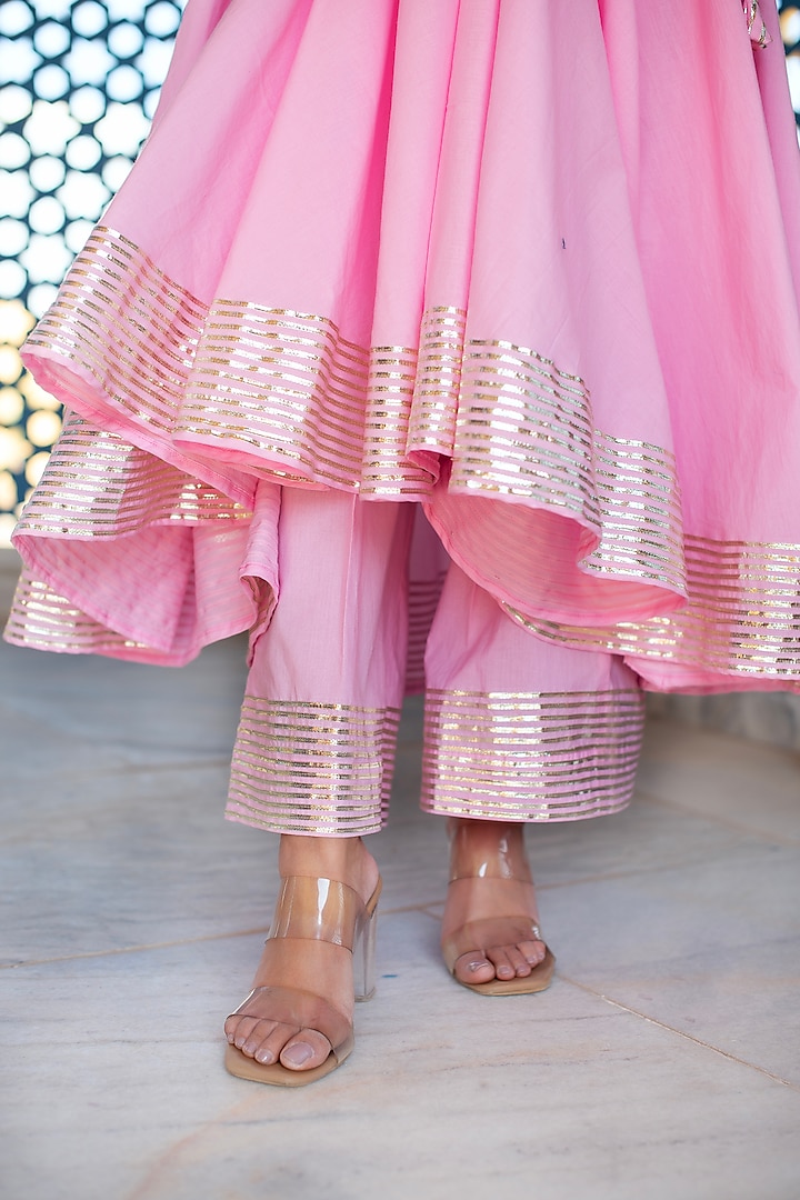 Pink Cotton Gota Patti Work Party Wear Anarkali Set by Pomcha Jaipur at Pernia's Pop Up Shop