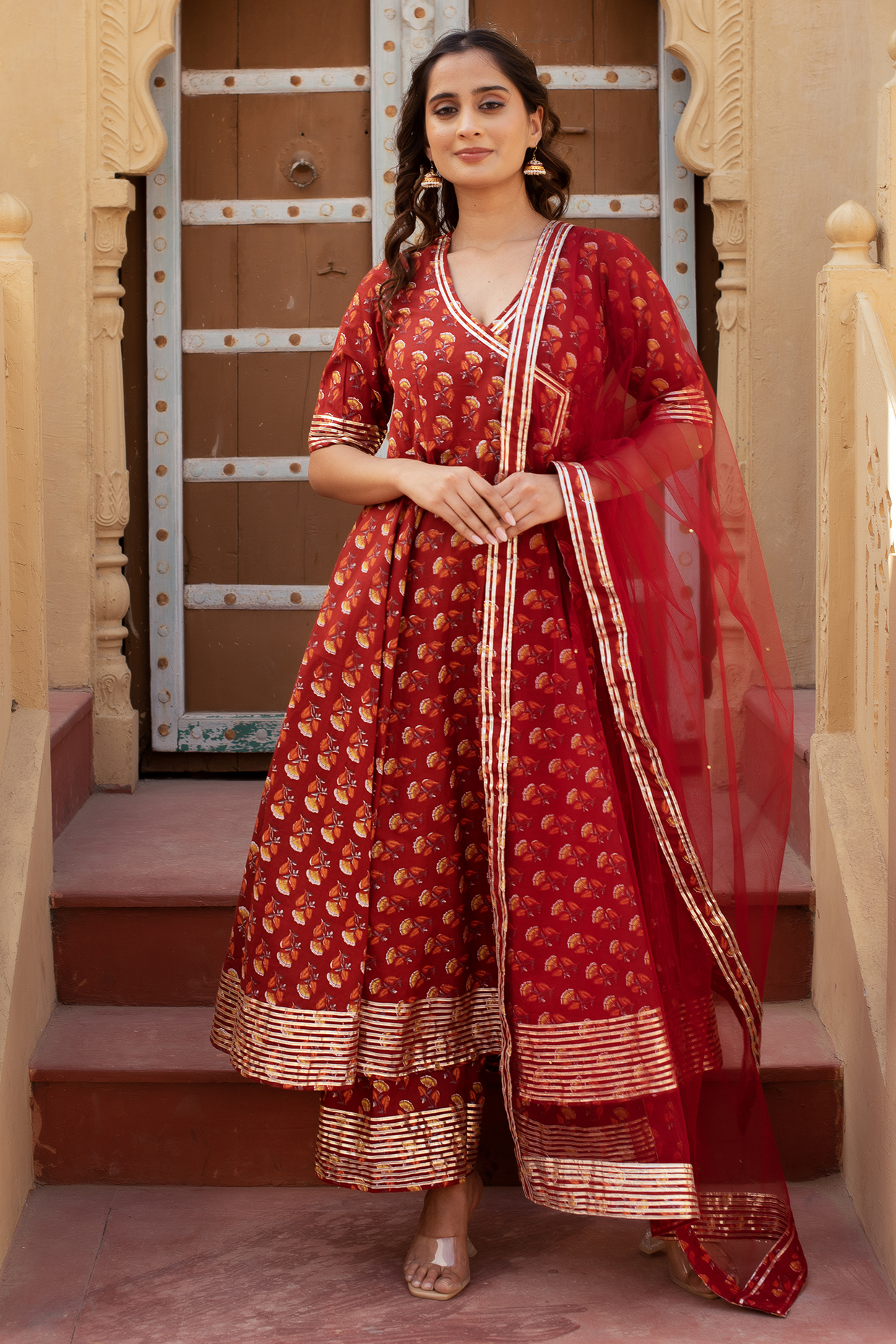 Red Cotton Hand Block Printed Angrakha Anarkali Set by Pomcha Jaipur at Pernia's Pop Up Shop