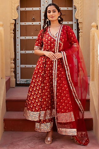 Red Cotton Hand Block Printed Angrakha Anarkali Set by Pomcha Jaipur