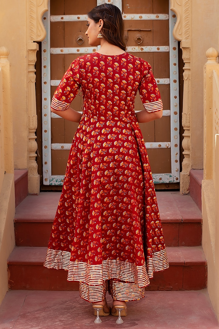 Red Cotton Hand Block Printed Angrakha Party Wear Anarkali Set by Pomcha Jaipur at Pernia's Pop Up Shop