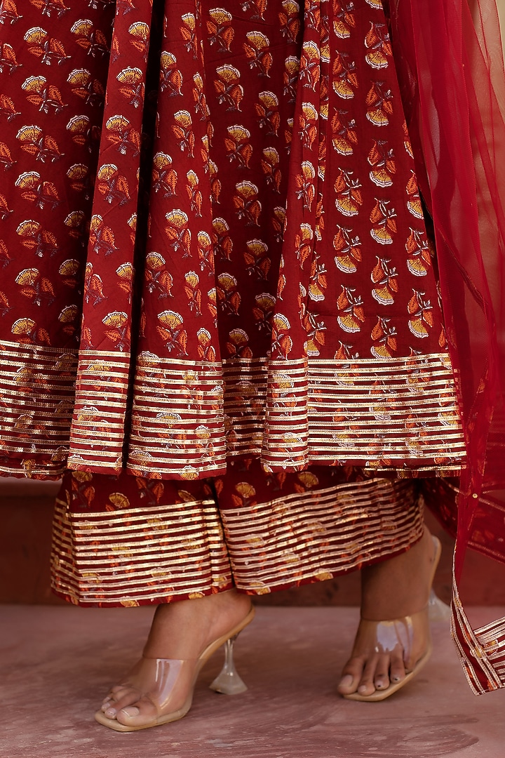 Red Cotton Hand Block Printed Angrakha Party Wear Anarkali Set by Pomcha Jaipur at Pernia's Pop Up Shop