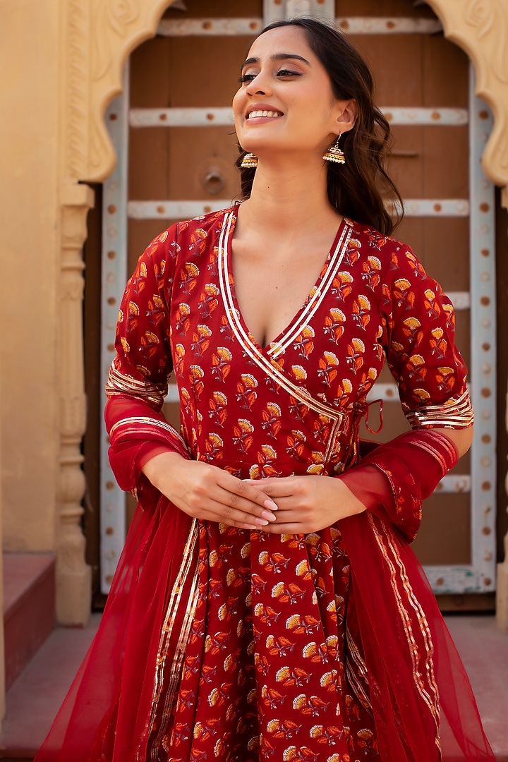 Red Cotton Hand Block Printed Angrakha Party Wear Anarkali Set by Pomcha Jaipur at Pernia's Pop Up Shop