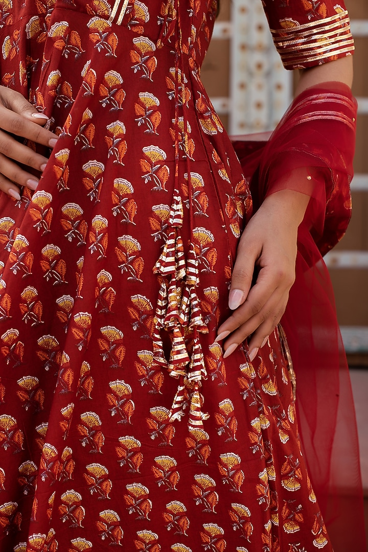 Red Cotton Hand Block Printed Angrakha Party Wear Anarkali Set by Pomcha Jaipur at Pernia's Pop Up Shop