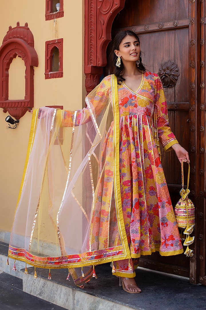 Pink & Yellow Cotton Gota Patti Work Angrakha Anarkali Set by Pomcha Jaipur at Pernia's Pop Up Shop