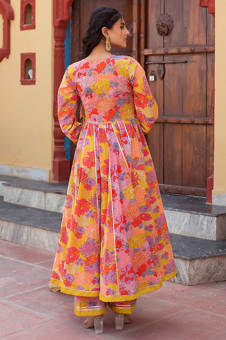 Pink & Yellow Cotton Gota Patti Work Angrakha Party Wear Anarkali Set by Pomcha Jaipur at Pernia's Pop Up Shop